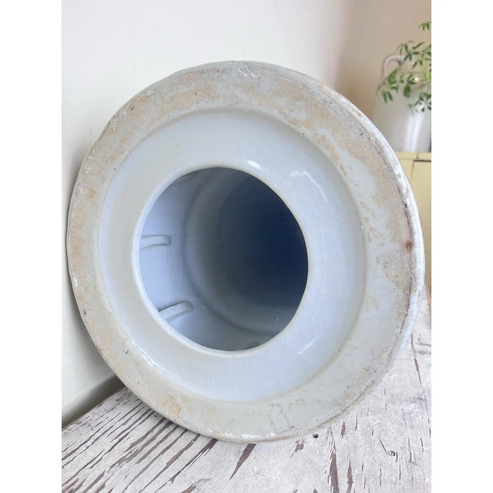 Vintage Mid Century Pedestal Shan Shui Pattern Mountain River Blue White Crazed